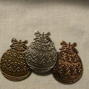 Vintage T & K Christmas Ornament Brooch In Goldtone, Silvertone And Coppertone